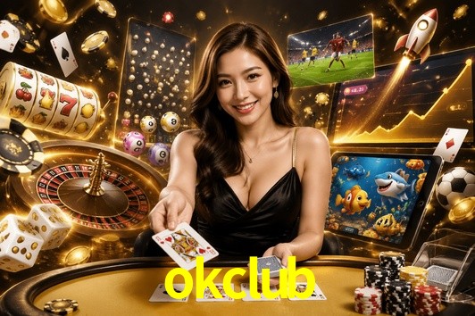 Una escena digital vívida inspirada en casino con okclub mostrado prominentemente, luces brillantes, fichas, cartas y acentos dorados.