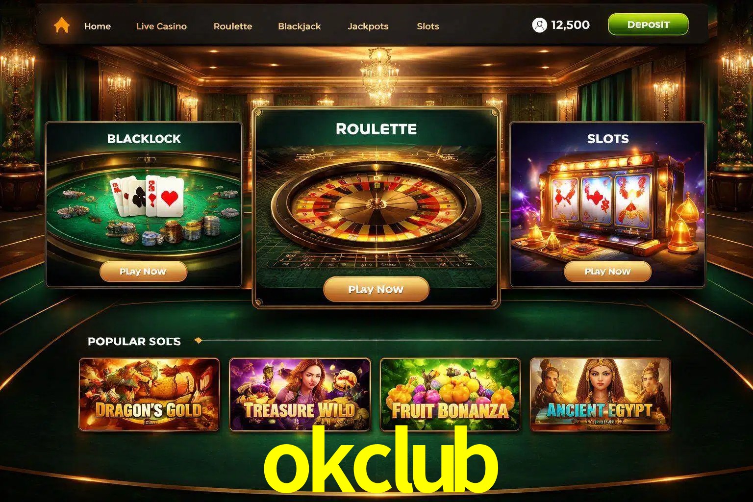 Vista de la plataforma okclub Casino mostrando categorías organizadas de juegos en línea