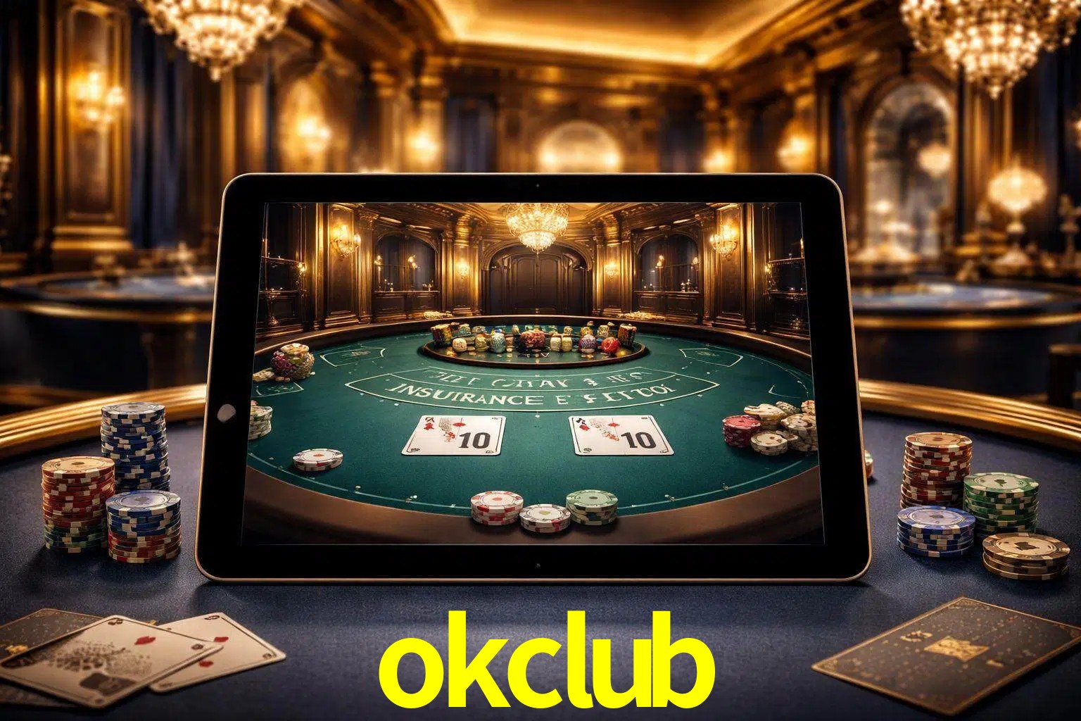 Configuración moderna de casino en vivo con una tableta mostrando una mesa de blackjack, luces cálidas de estudio y una atmósfera elegante de juegos digitales.