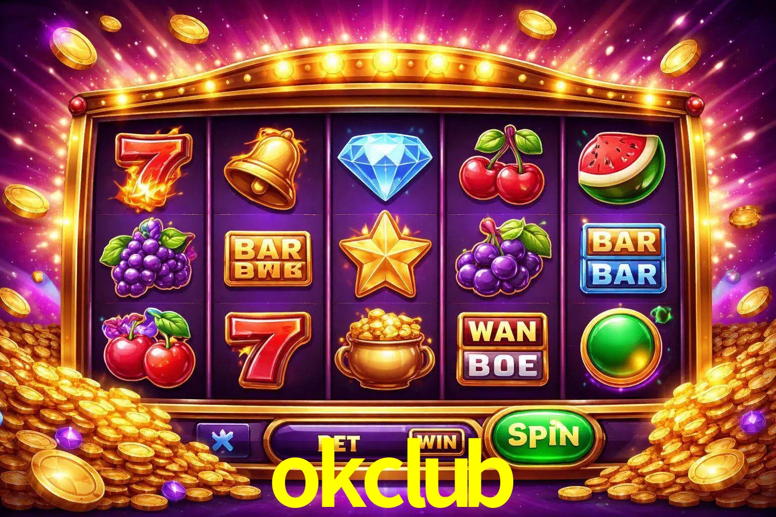 Una interfaz colorida de tragamonedas en línea con símbolos brillantes, monedas y un efecto de victoria celebratoria en okclub.