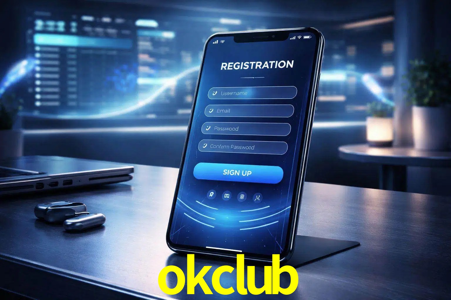 Una interfaz moderna de registro móvil para okclub mostrada en un smartphone con un panel de apuestas elegante.